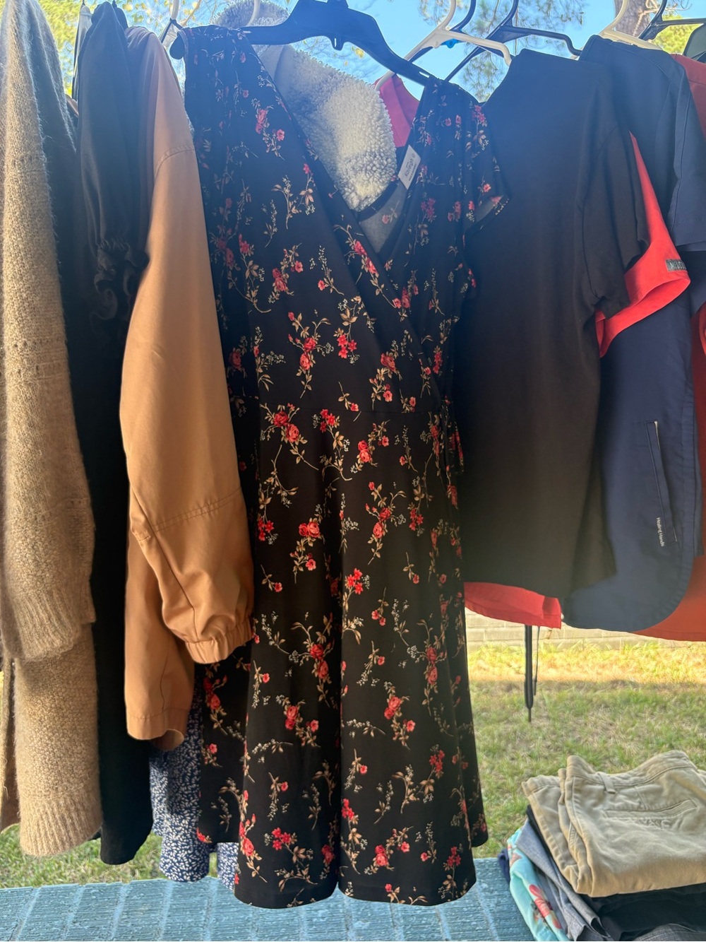 Black Floral Wrap Dress with Red Accents